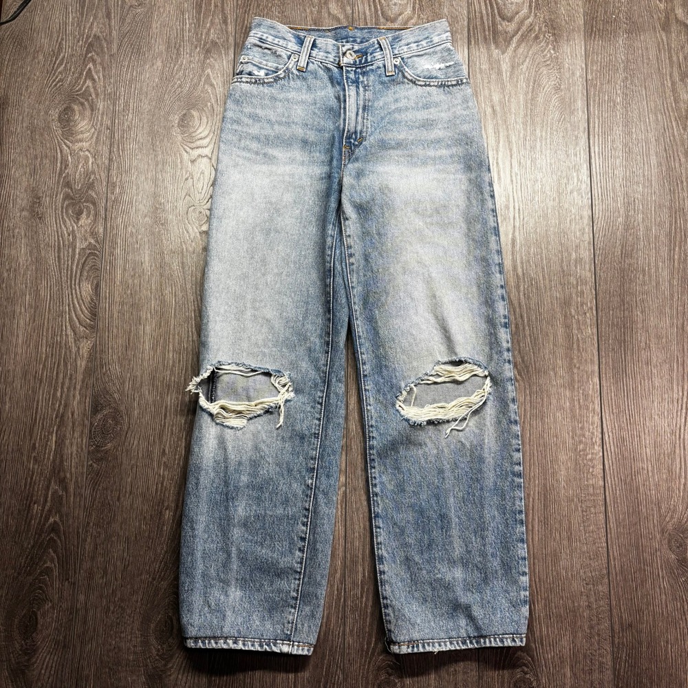 Levis High Waisted Baggy Distressed Wide Leg Jeans Light Wash Blue 25 Distressed